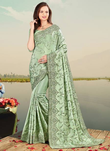 Pista Colour FIRSTCRY Designer Fancy Party Wear Chinon Heavy Resham Embroidery With Stone Work Latest Saree Collection 5227